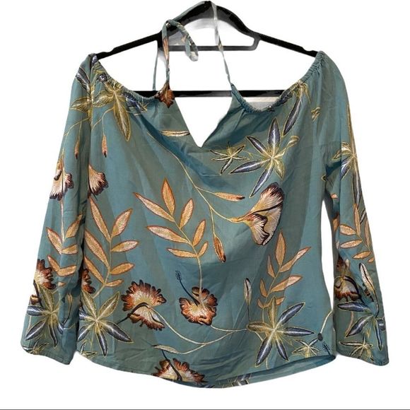 NWT ROXY Paradise Eyes off the shoulder 3/4 sleeve tie neck floral Top blue - Picture 3 of 8